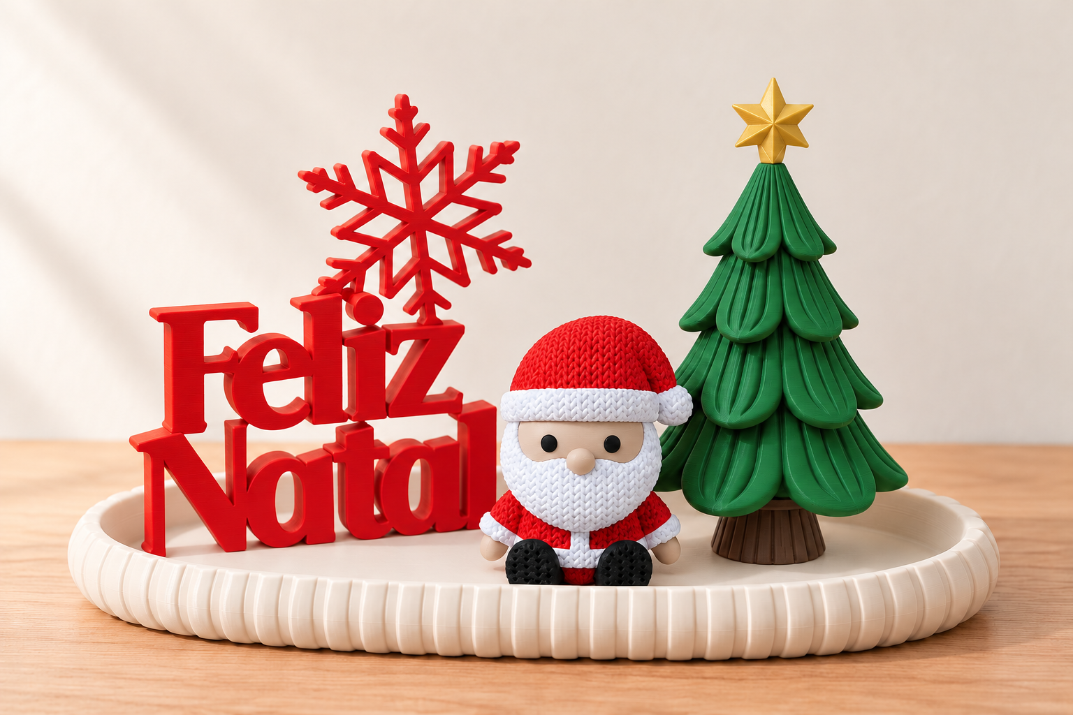 Kit Papai Noel e Feliz Natal com árvore verde e estrela dourada na bandeja