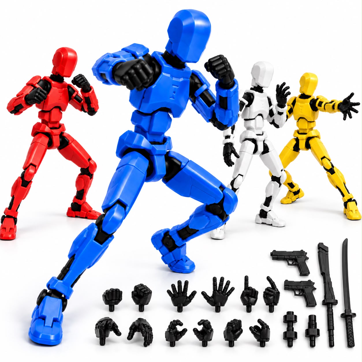 Figuras articuladas Dummy 13 em azul, vermelho, branco e amarelo